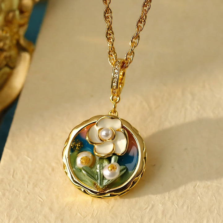 Buddha Stones Retro Round Oil Painting Flower Design Copper Wealth Necklace Pendant - image 3
