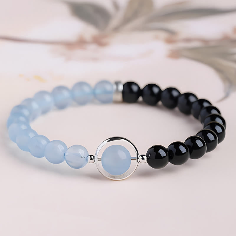 Buddha Stones Aquamarine Black Obsidian Peace Purification Bracelet - Single Wrap Bracelet(Wrist Circumference: 14-15cm) - image 0