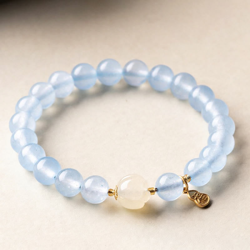Buddha Stones Natural Aquamarine Fu Character Lucky Fortune Healing Bracelet - 8mm Aquamarine Morganite(Wrist Circumference: 14-15cm) - image 0