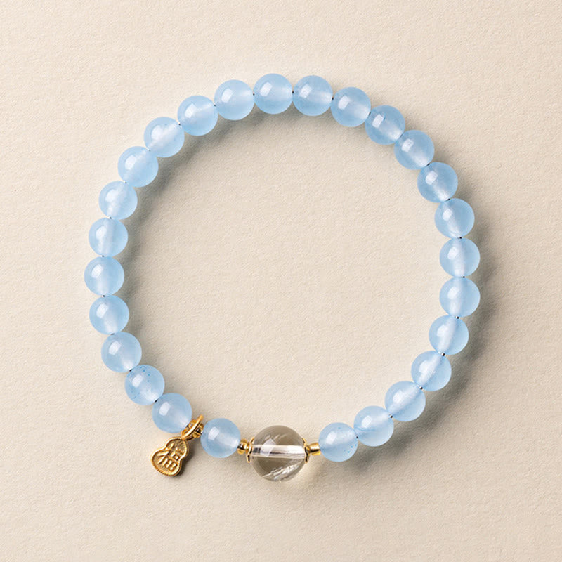 Buddha Stones Natural Aquamarine Fu Character Lucky Fortune Healing Bracelet - 6mm Aquamarine White Crystal(Wrist Circumference: 14-15cm) - image 7