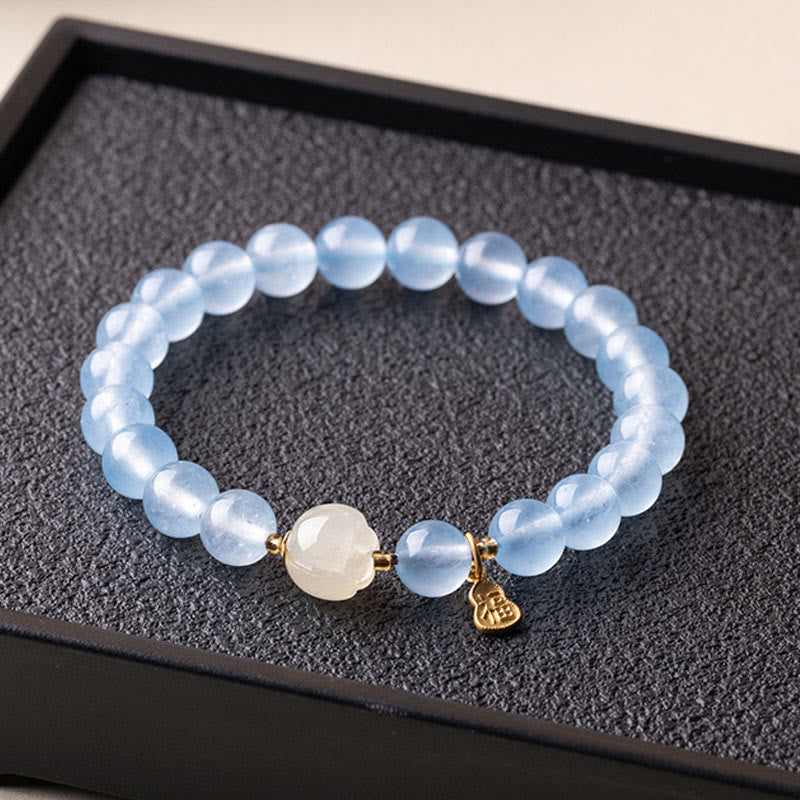 Buddha Stones Natural Aquamarine Fu Character Lucky Fortune Healing Bracelet - image 4