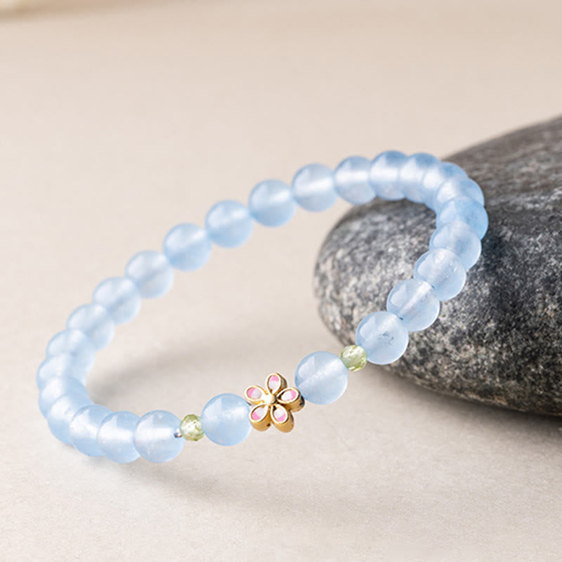 Buddha Stones Natural Aquamarine Gold-Plated Copper Flower Healing Bracelet - image 3