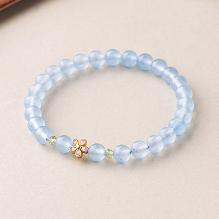 Buddha Stones Natural Aquamarine Gold-Plated Copper Flower Healing Bracelet - image 2