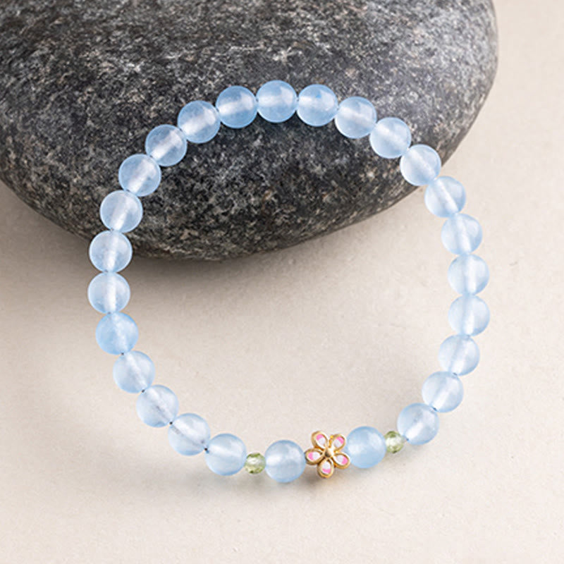 Buddha Stones Natural Aquamarine Gold-Plated Copper Flower Healing Bracelet - image 1