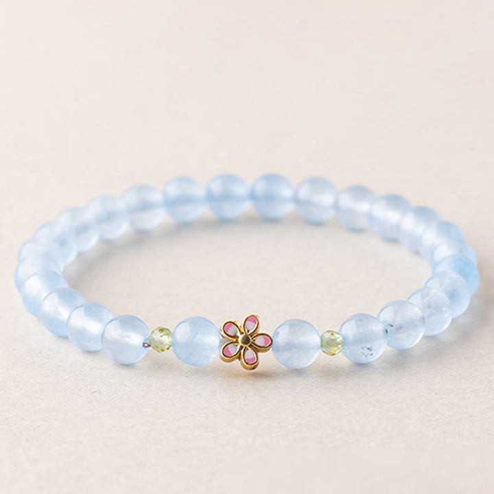 Buddha Stones Natural Aquamarine Gold-Plated Copper Flower Healing Bracelet - Aquamarine(Wrist Circumference: 15-16cm) - image 0
