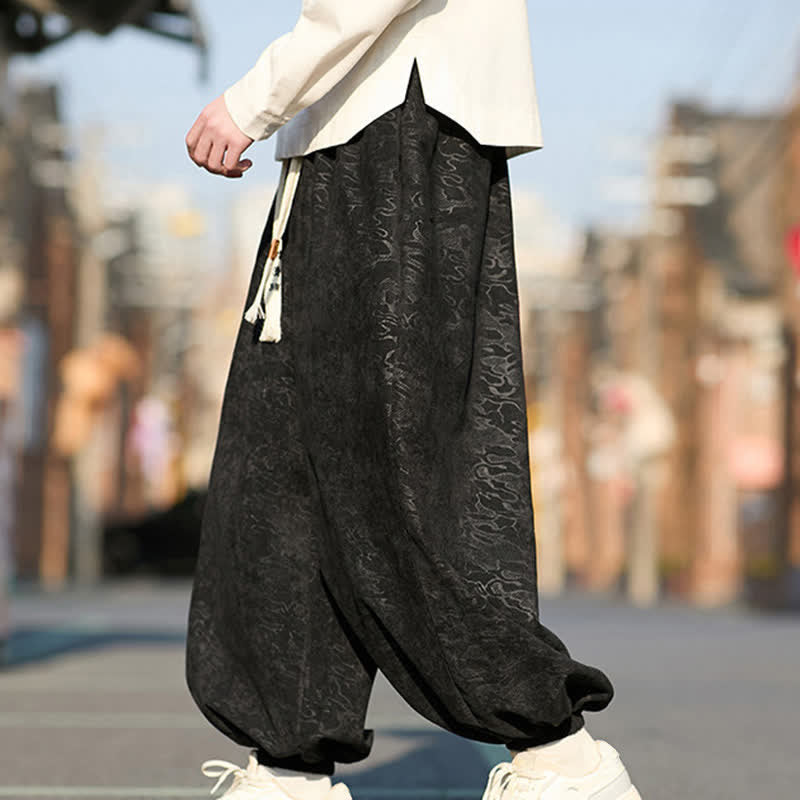 Buddha Stones Black Jacquard Drawstring Elastic Cuff Men's Harem Pants With Pockets  - image 4