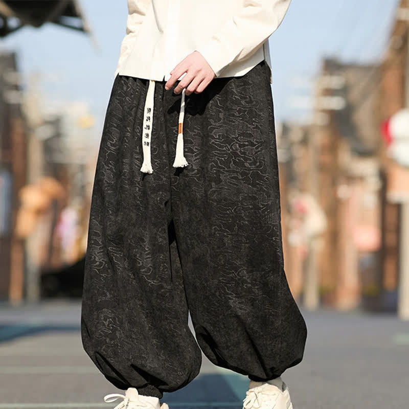 Buddha Stones Black Jacquard Drawstring Elastic Cuff Men's Harem Pants With Pockets  - image 1