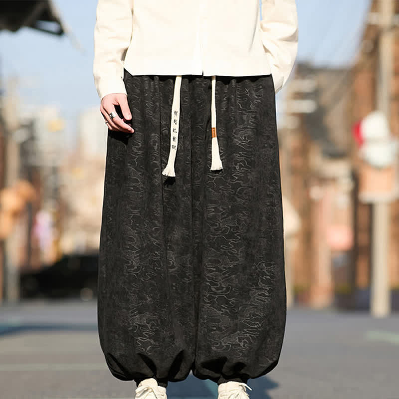 Buddha Stones Black Jacquard Drawstring Elastic Cuff Men's Harem Pants With Pockets  - image 0