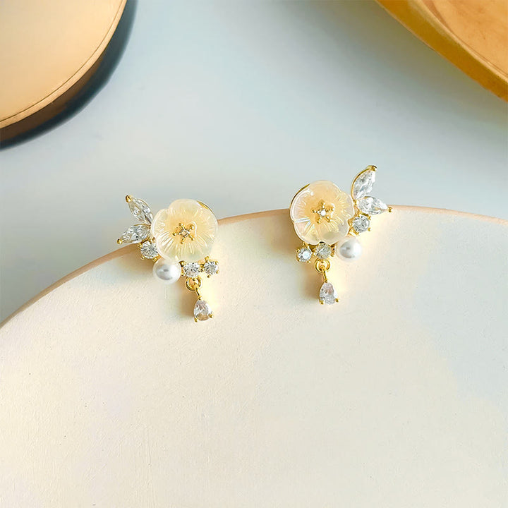 Buddha Stones White Rose Flower Zircon Copper Luck Clip-on Stud Earrings - Earrings(925 Sterling Silver Posts) - image 0