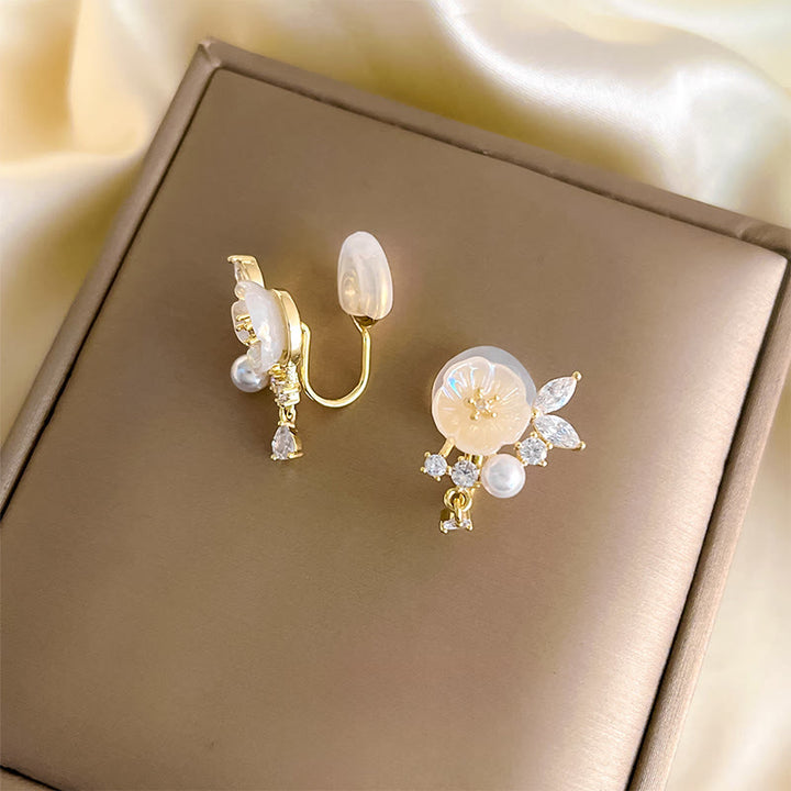 Buddha Stones White Rose Flower Zircon Copper Luck Clip-on Stud Earrings - image 8