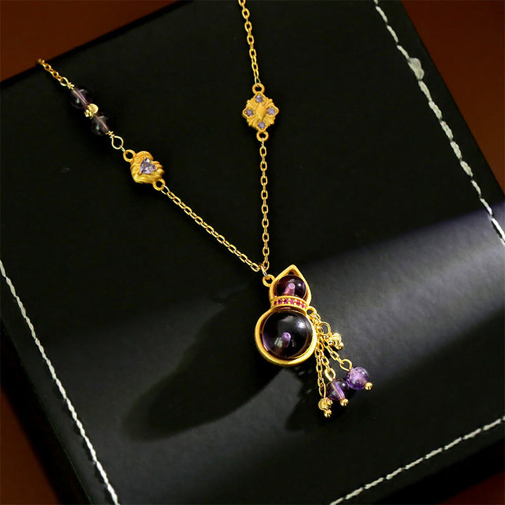 Buddha Stones Gourd Tassel Amethyst Copper Chain Meditation Necklace Pendant - image 0