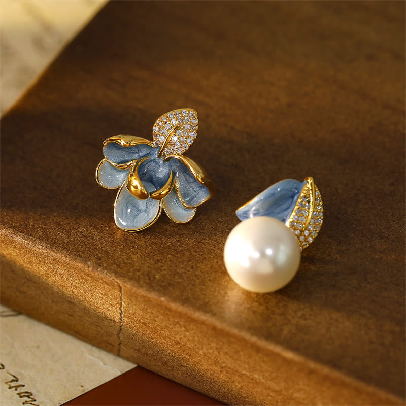 Buddha Stones Camellia Flower Zircon Copper Luck Stud Earrings - Blue - image 0