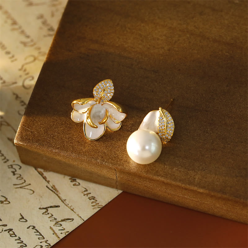 Buddha Stones Camellia Flower Zircon Copper Luck Stud Earrings - White - image 1