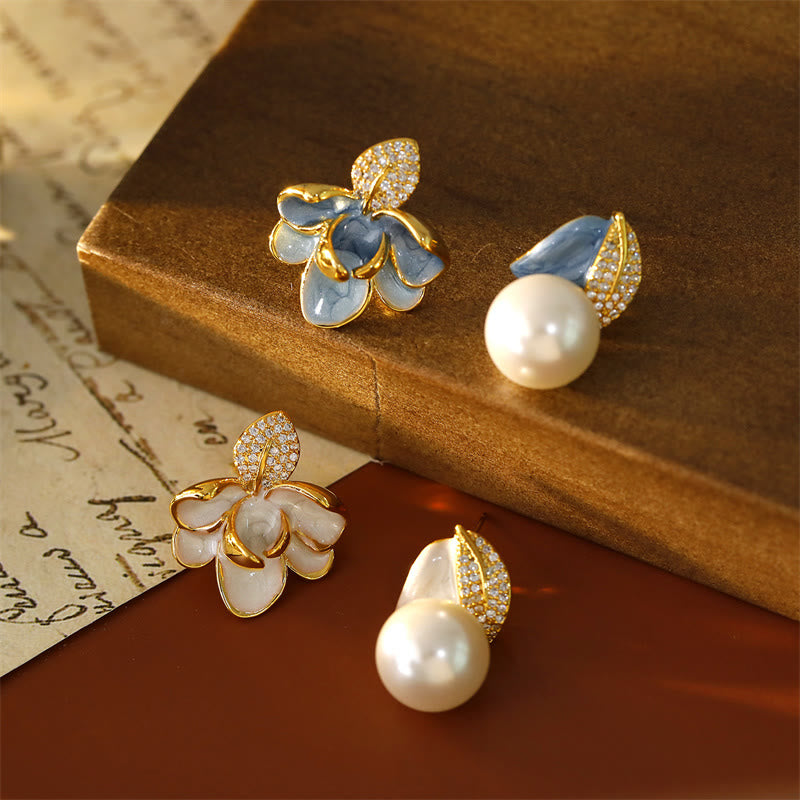 Buddha Stones Camellia Flower Zircon Copper Luck Stud Earrings - image 4