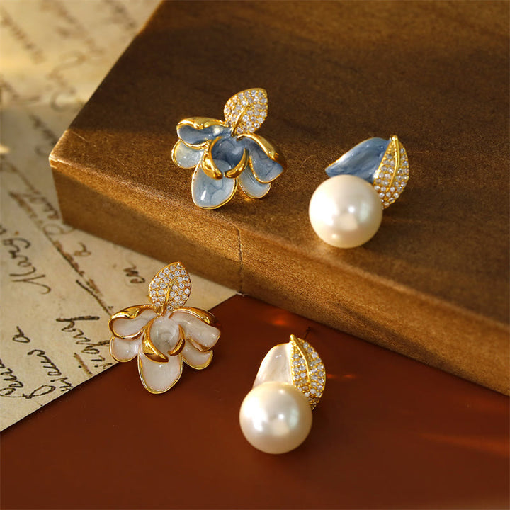 Buddha Stones Camellia Flower Zircon Copper Luck Stud Earrings - image 4