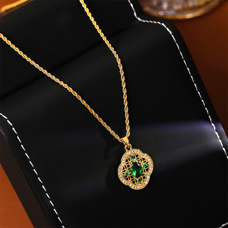 Buddha Stones Four Leaf Clover Hollow Design Copper Plated Gold Chain Luck Necklace Pendant - image 1