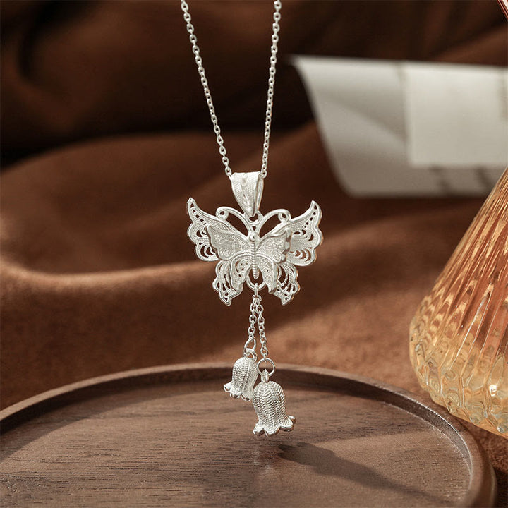 Buddha Stones 999 Sterling Silver Butterfly Lily Of The Valley Freedom Necklace Pendant - 999 Sterling Silver - image 0