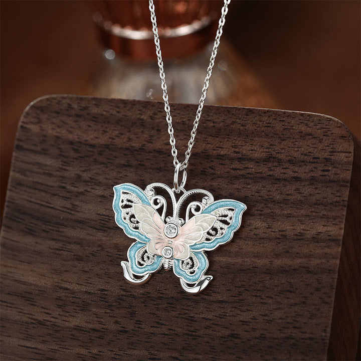 Buddha Stones 999 Sterling Silver Butterfly Blue Enamel Protection Necklace Pendant - image 2