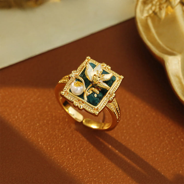 Buddha Stones Vintage Oil Painting Lotus Flower Pearl Copper Wealth Ring - Copper(Ring Inner Diameter About 17mm) - image 0