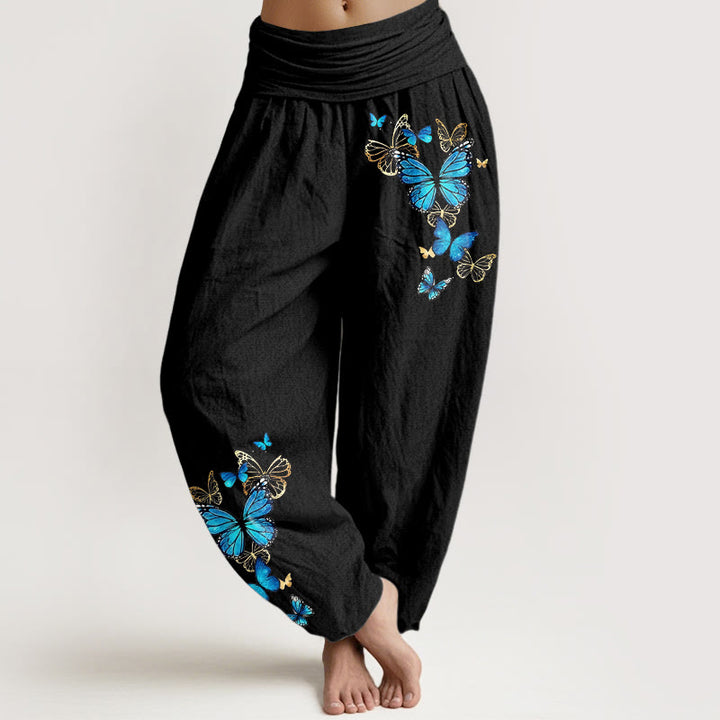 Buddha Stones Cotton Butterfly Pattern Women's Elastic Waist Harem Pants - Black - US16，UK/AU20，EU48 (3XL) - image 0