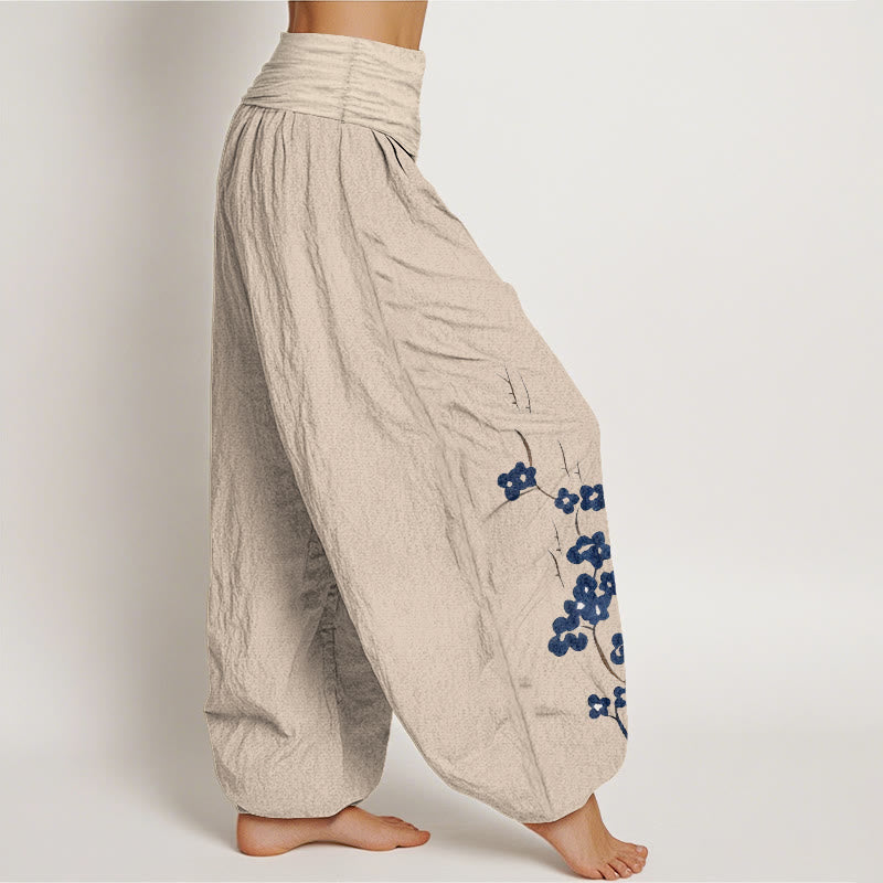 Buddha Stones Cotton Plum Bossom Calligraphy Pattern Women's Elastic Waist Harem Pants - image 1
