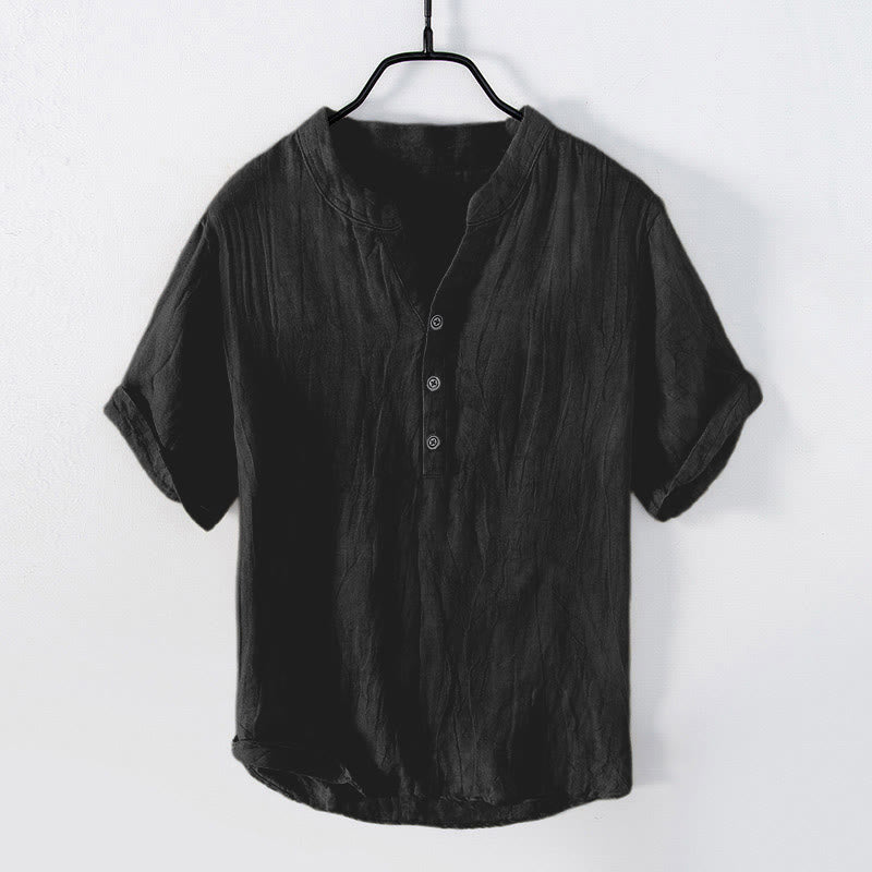 Buddha Stones Solid Color Short Sleeve Half Button Shirt Cotton Linen Men Clothing - Short Sleeve - Black - US/UK/AU50，EU60 (5XL) - image 21