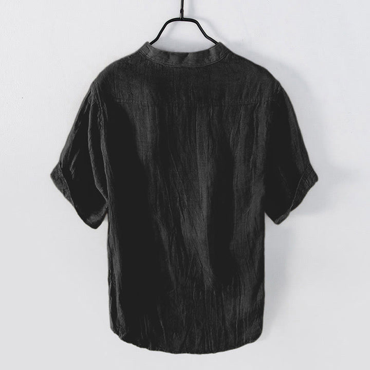 Buddha Stones Solid Color Short Sleeve Half Button Shirt Cotton Linen Men Clothing - image 22