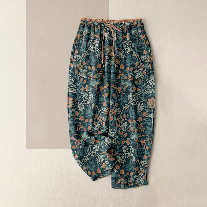 Buddha Stones Cotton Casual Flower Vine Leaves Pattern Women's Elastic Waist Pants With Pockets - CadetBlue - US16，UK/AU20，EU48 (3XL) - image 0