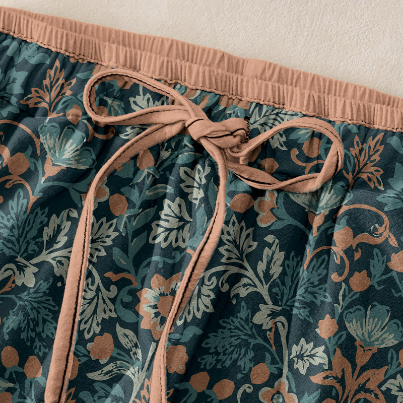 Buddha Stones Cotton Casual Flower Vine Leaves Pattern Women's Elastic Waist Pants With Pockets - image 1