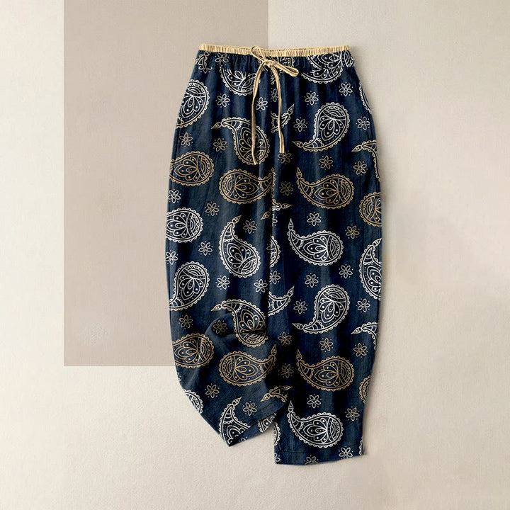 Buddha Stones Pure Cotton Elegant Paisley Pattern Women's Elastic Waist Pants With Pockets - DarkBlue - US16，UK/AU20，EU48 (3XL) - image 0