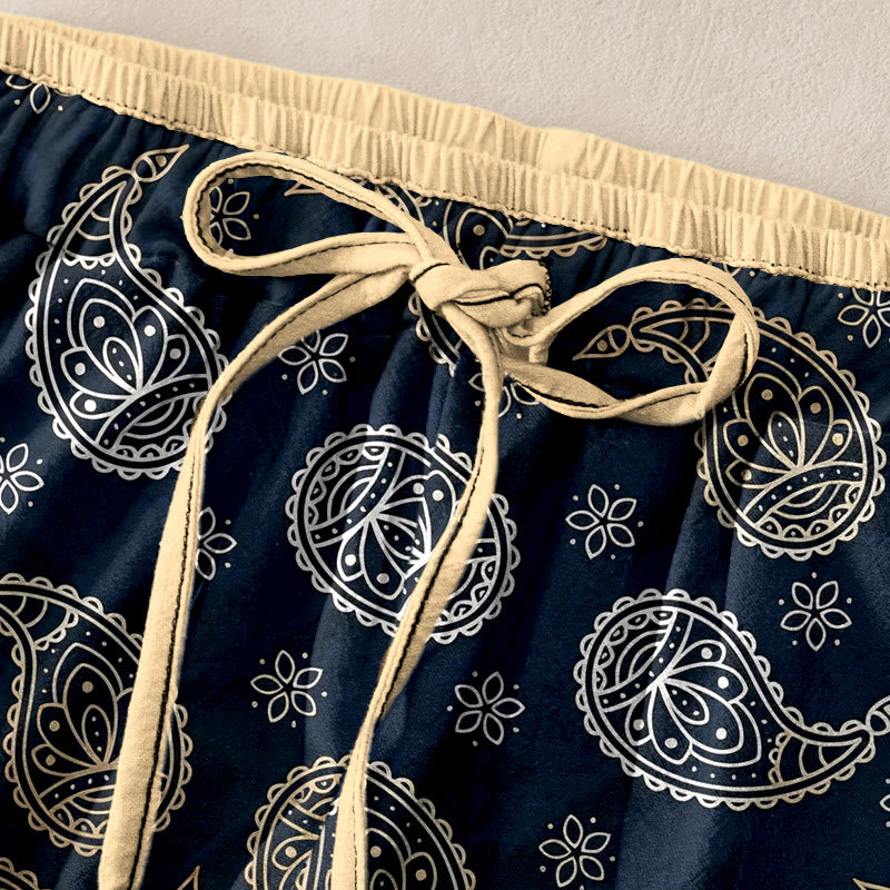 Buddha Stones Pure Cotton Elegant Paisley Pattern Women's Elastic Waist Pants With Pockets - image 1