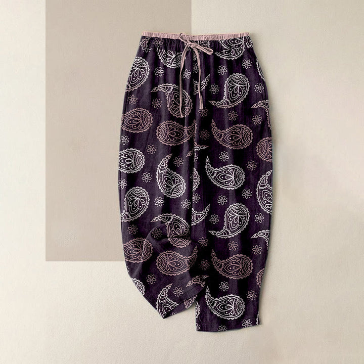 Buddha Stones Pure Cotton Elegant Paisley Pattern Women's Elastic Waist Pants With Pockets - Purple - US16，UK/AU20，EU48 (3XL) - image 4