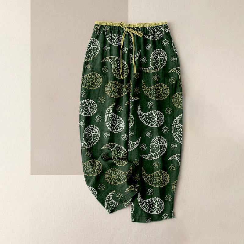 Buddha Stones Pure Cotton Elegant Paisley Pattern Women's Elastic Waist Pants With Pockets - DarkGreen - US16，UK/AU20，EU48 (3XL) - image 5