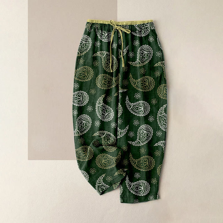 Buddha Stones Pure Cotton Elegant Paisley Pattern Women's Elastic Waist Pants With Pockets - DarkGreen - US16，UK/AU20，EU48 (3XL) - image 5