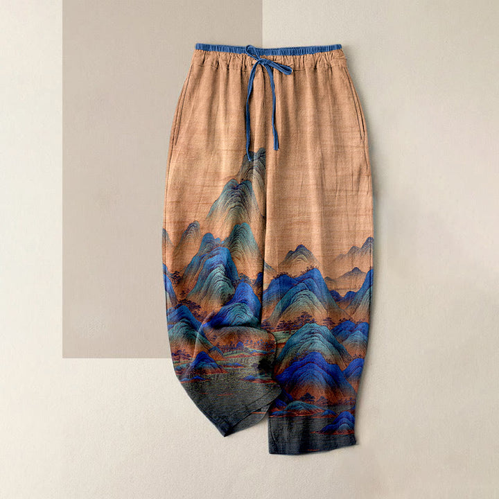 Buddha Stones Pure Cotton Natural Landscape Pattern Women's Elastic Waist Pants With Pockets - BurlyWood - US16，UK/AU20，EU48 (3XL) - image 4
