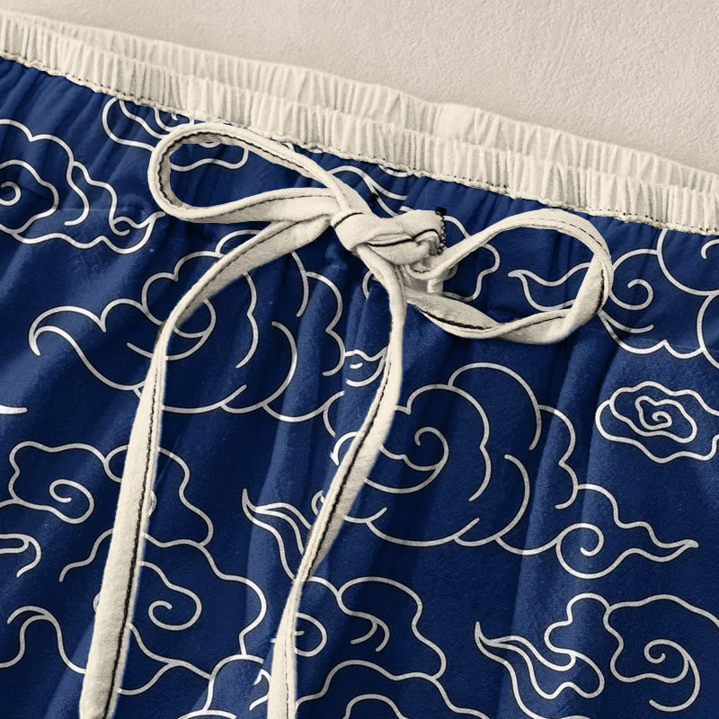 Buddha Stones Pure Cotton Casual Auspicious Cloud Pattern Women's Elastic Waist Pants With Pockets - image 1