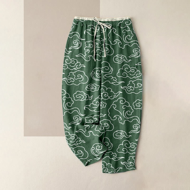 Buddha Stones Pure Cotton Casual Auspicious Cloud Pattern Women's Elastic Waist Pants With Pockets - DarkGreen - US16，UK/AU20，EU48 (3XL) - image 5