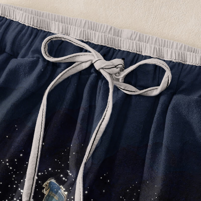 Buddha Stones Pure Cotton Auspicious Landscape Crane Pattern Women's Elastic Waist Pants With Pockets - image 1