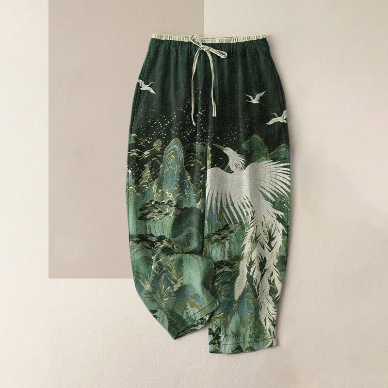 Buddha Stones Pure Cotton Auspicious Landscape Crane Pattern Women's Elastic Waist Pants With Pockets - DarkSlateGray - US16，UK/AU20，EU48 (3XL) - image 4