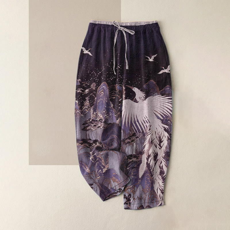 Buddha Stones Pure Cotton Auspicious Landscape Crane Pattern Women's Elastic Waist Pants With Pockets - Indigo - US16，UK/AU20，EU48 (3XL) - image 5