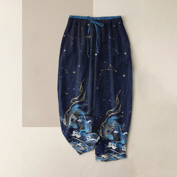Buddha Stones Pure Cotton Starry Sky Ocean Mythical Beast Pattern Women's Elastic Waist Pants With Pockets - MidnightBlue - US16，UK/AU20，EU48 (3XL) - image 0