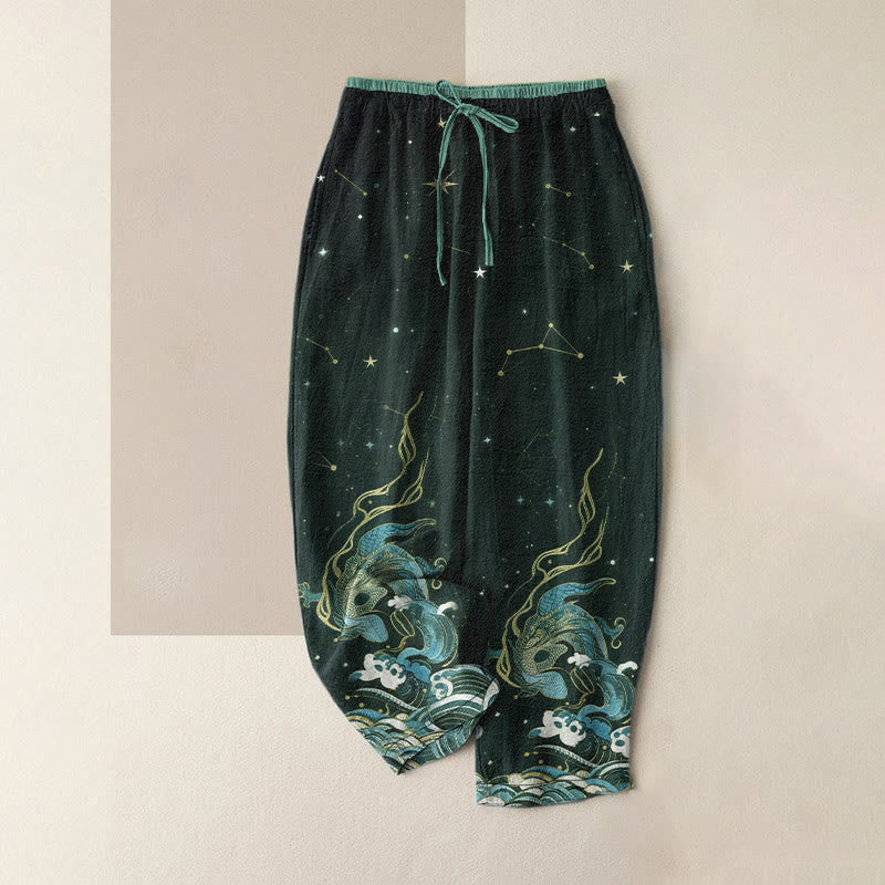 Buddha Stones Pure Cotton Starry Sky Ocean Mythical Beast Pattern Women's Elastic Waist Pants With Pockets - Teal - US16，UK/AU20，EU48 (3XL) - image 4