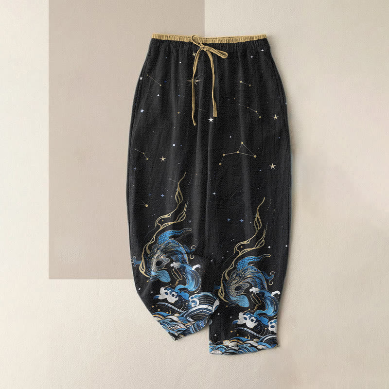 Buddha Stones Pure Cotton Starry Sky Ocean Mythical Beast Pattern Women's Elastic Waist Pants With Pockets - Black - US16，UK/AU20，EU48 (3XL) - image 5
