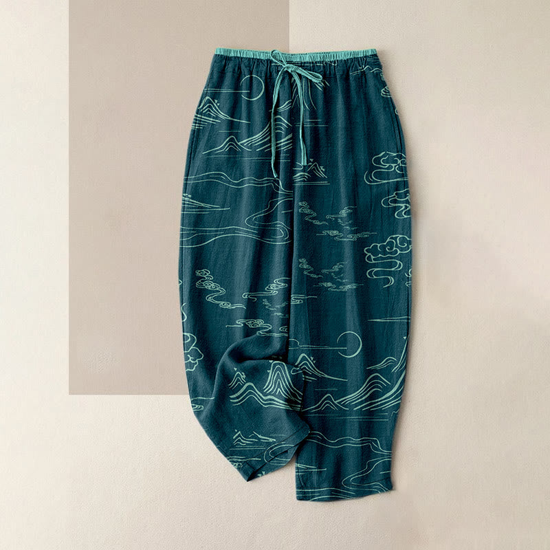 Buddha Stones Cotton Casual Mountain Moon Auspicious Clouds Pattern Women's Elastic Waist Pants With Pockets - DarkCyan - US16，UK/AU20，EU48 (3XL) - image 4