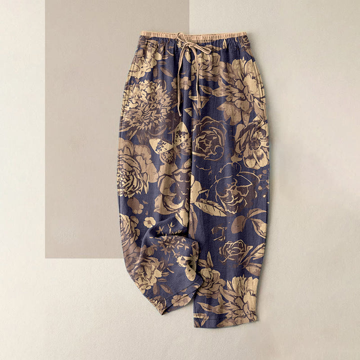 Buddha Stones Cotton Casual Peony Flowers Leaves Pattern Women's Elastic Waist Pants With Pockets - DimGray - US16，UK/AU20，EU48 (3XL) - image 0