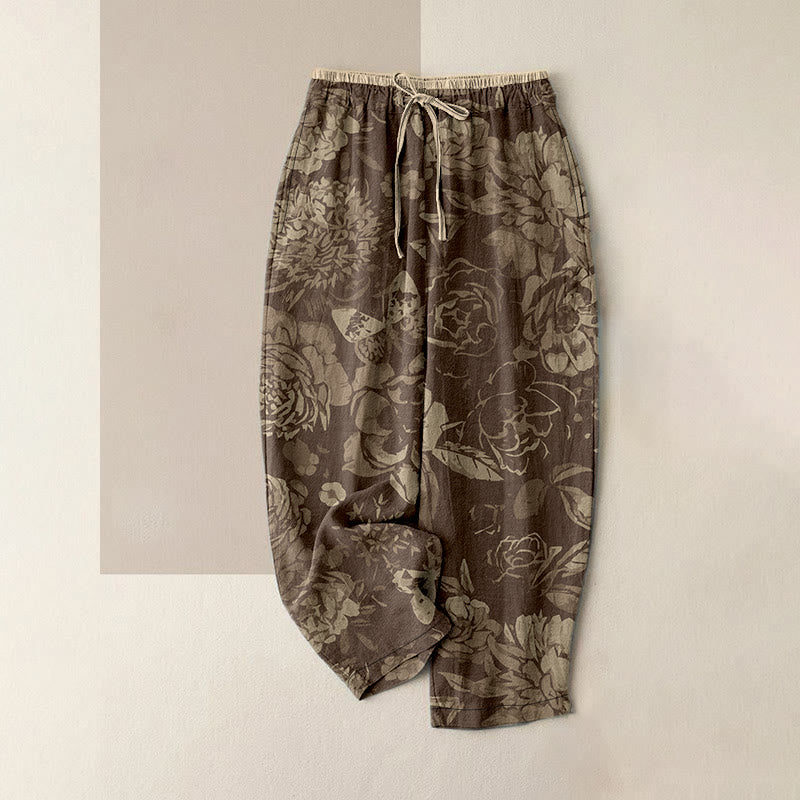 Buddha Stones Cotton Casual Peony Flowers Leaves Pattern Women's Elastic Waist Pants With Pockets - Tan - US16，UK/AU20，EU48 (3XL) - image 4