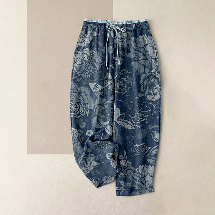 Buddha Stones Cotton Casual Peony Flowers Leaves Pattern Women's Elastic Waist Pants With Pockets - SkyBlue - US16，UK/AU20，EU48 (3XL) - image 5