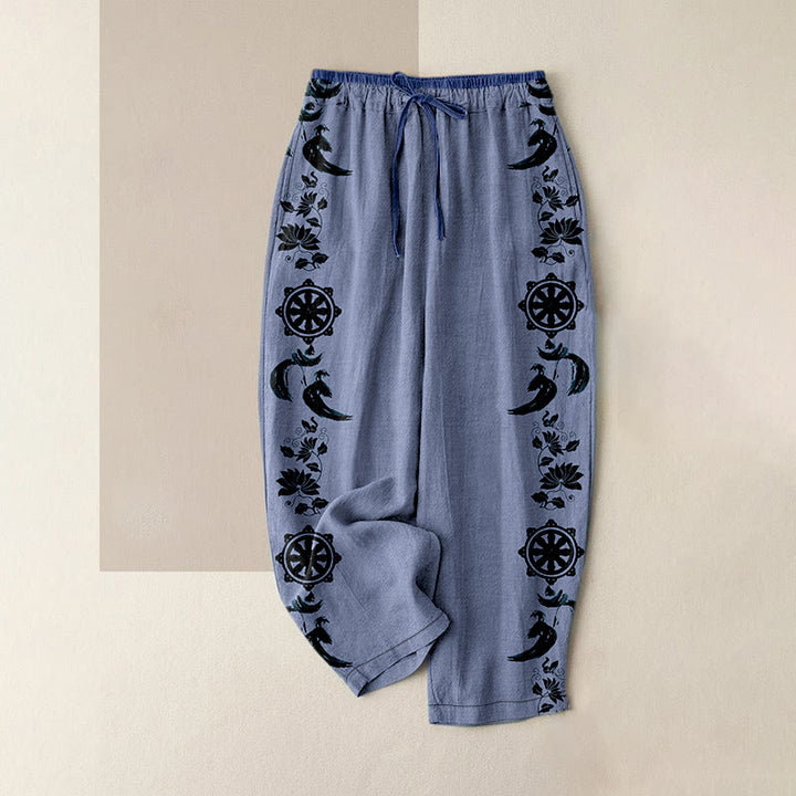 Buddha Stones Cotton Casual Dharma Wheel Lotus OM Pattern Women's Elastic Waist Pants With Pockets - CornflowerBlue - US16，UK/AU20，EU48 (3XL) - image 0