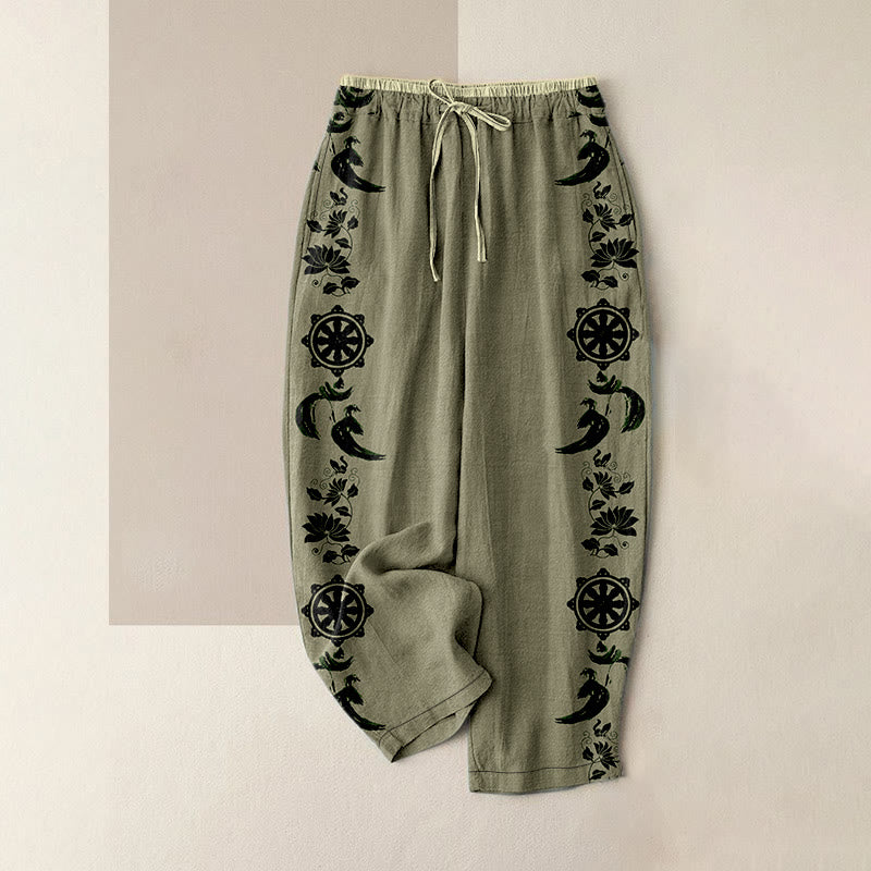 Buddha Stones Cotton Casual Dharma Wheel Lotus OM Pattern Women's Elastic Waist Pants With Pockets - DarkKhaki - US16，UK/AU20，EU48 (3XL) - image 4