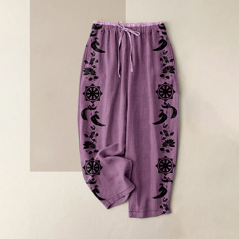 Buddha Stones Cotton Casual Dharma Wheel Lotus OM Pattern Women's Elastic Waist Pants With Pockets - Plum - US16，UK/AU20，EU48 (3XL) - image 5